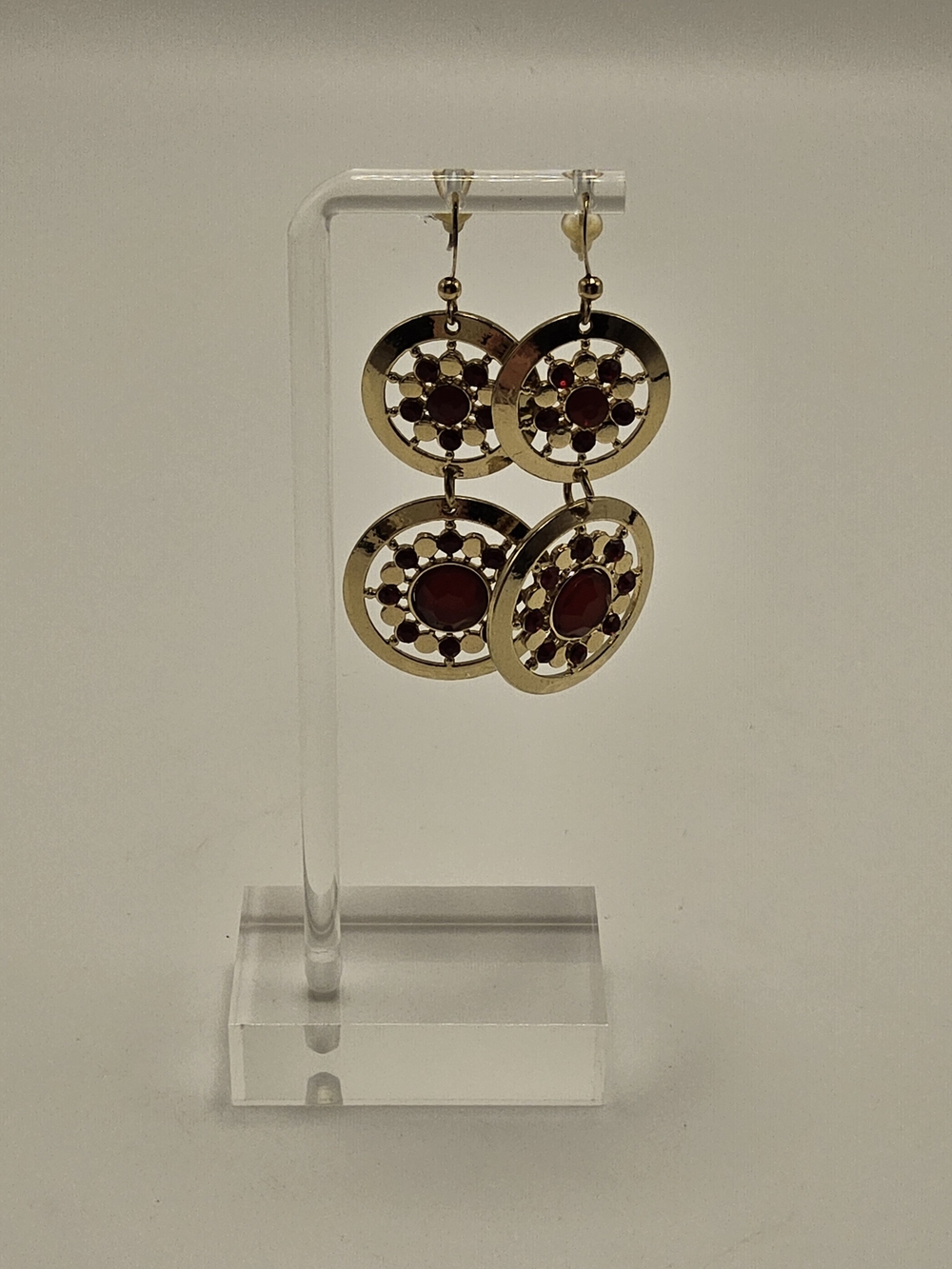 Gold-Tone & Ruby Red Rhinestone Double-Circle Drop Earrings